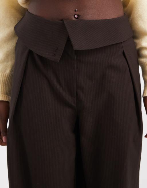 ASOS DESIGN tailored fold over waist pants in chocolate stripes, 4 of 5