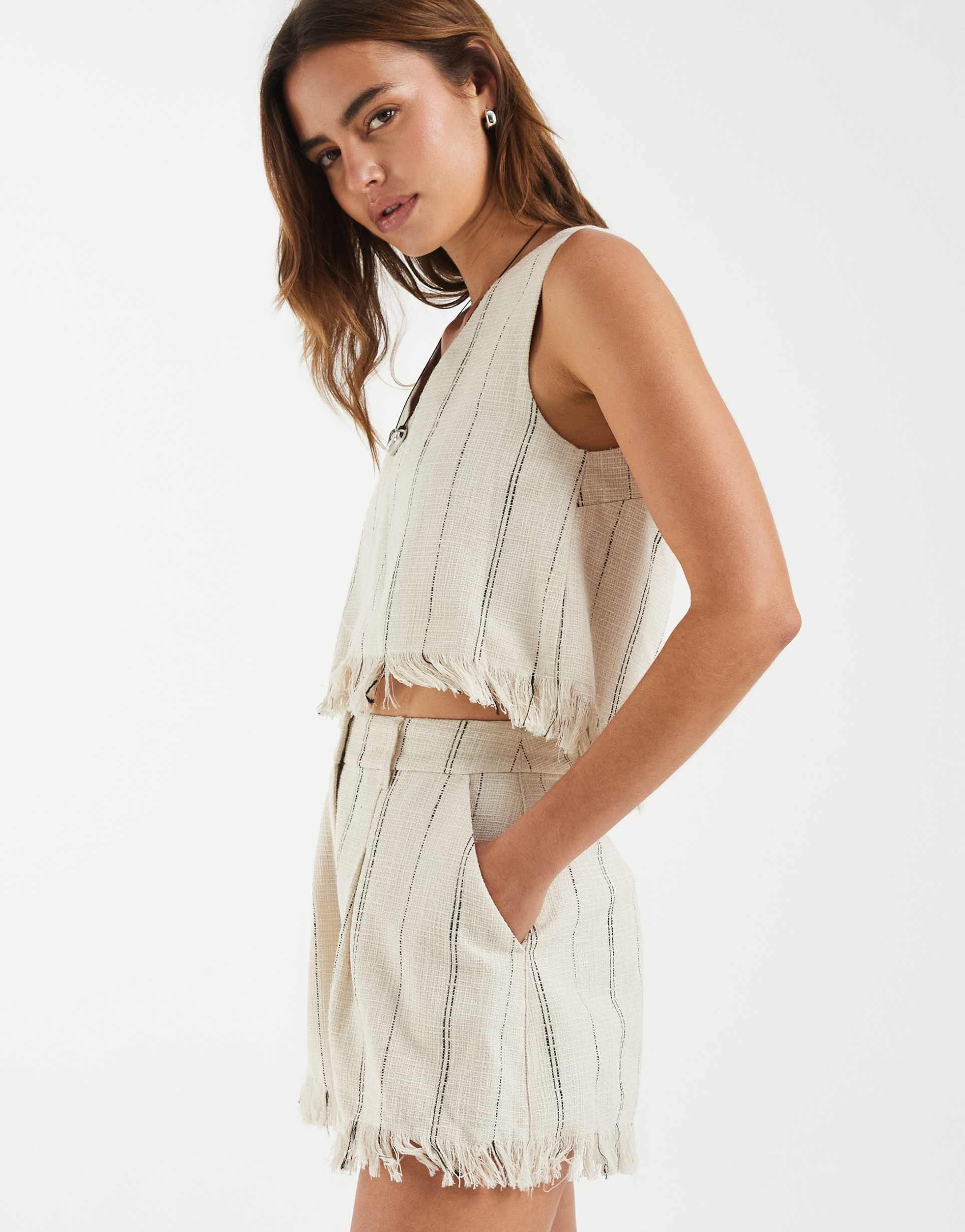 asos design tailored fringe hem shorts in natural striped print