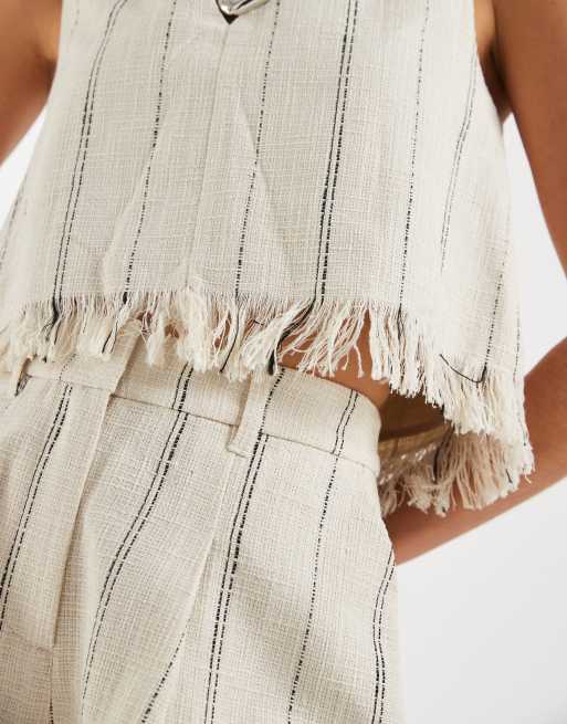 ASOS DESIGN Tailored fringe hem v neck shell top in neutral stripe, 3 of 4