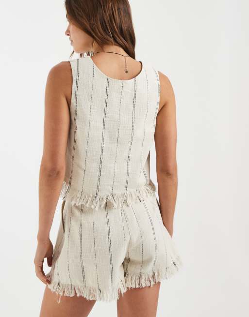ASOS DESIGN Tailored fringe hem v neck shell top in neutral stripe, 4 of 4