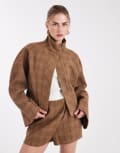 [ASOS DESIGN] ASOS DESIGN tailored funnel neck cropped jacket in brushed check (part of a set)-Brown XS check