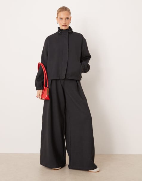 ASOS DESIGN tailored funnel neck jacket and wide leg pants set in charcoal - view 1