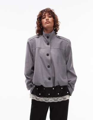 Asos Design Tailored Funnel Neck Tab Detail Jacket In Gray