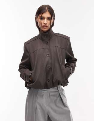 Asos Design Tailored Funnel Neck Tab Detail Jacket In Brown