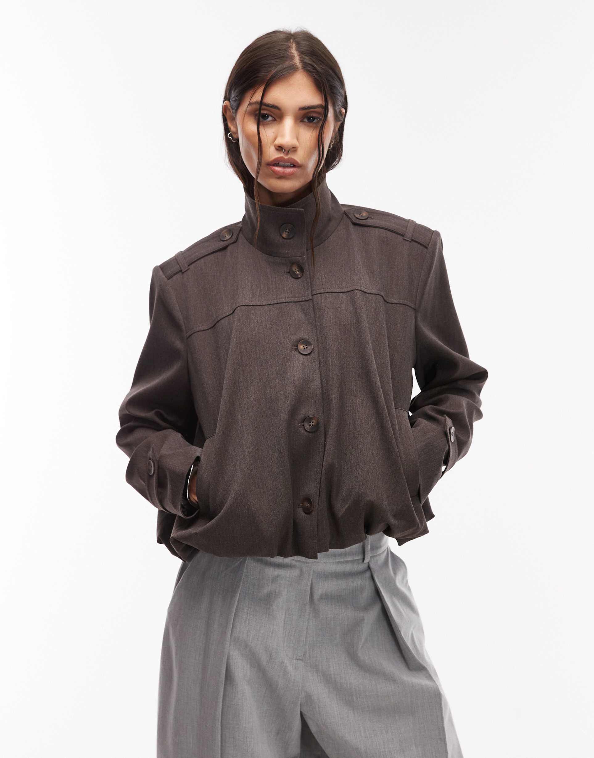 asos design tailored funnel neck tab detail jacket in chocolate