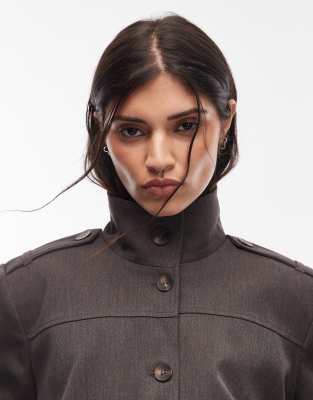 Asos Design Tailored Funnel Neck Tab Detail Jacket In Brown