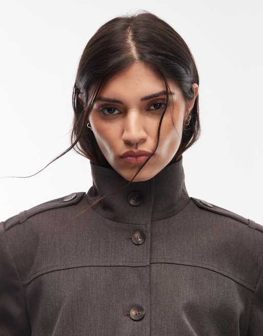 ASOS DESIGN - Veste habillée à col cheminée et patte - Chocolat