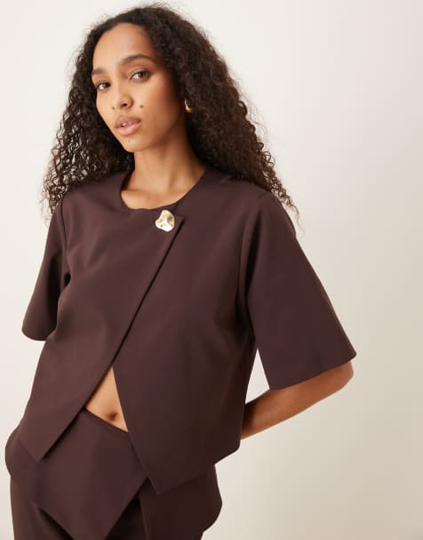 ASOS DESIGN tailored gold-tone button top in mulberry - part of a set - view 1