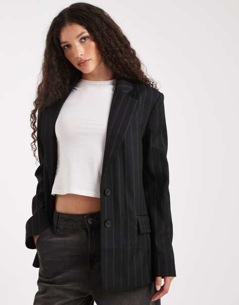ASOS DESIGN tailored grandad blazer in black pinstripe