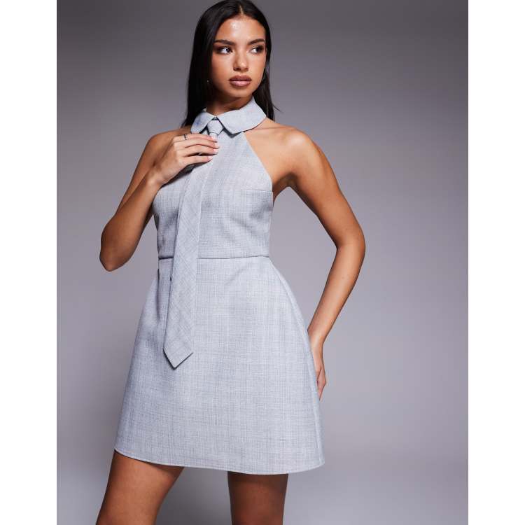 ASOS DESIGN tailored halter mini dress with tie and structured skirt in  light gray check | ASOS