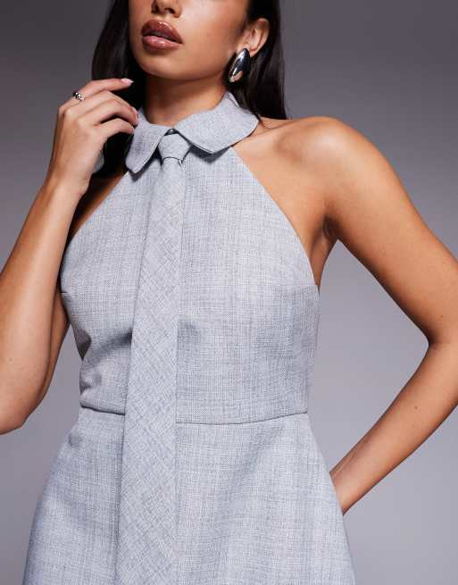 ASOS DESIGN tailored halter mini dress with tie and structured skirt in light gray check