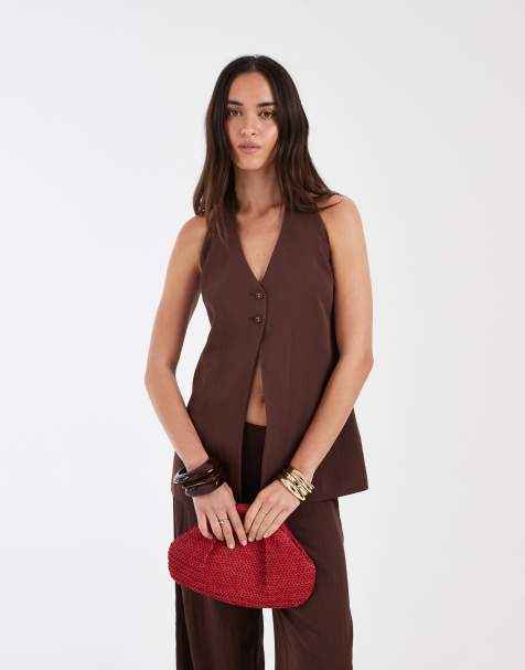 ASOS DESIGN Tailored halter neck button detail top in brown - view 1