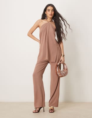 ASOS DESIGN tailored halter neck top and pants set in mocha - view 1