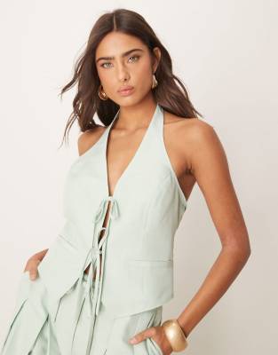 Asos Design Tailored Halter Tie Front Top In Blue