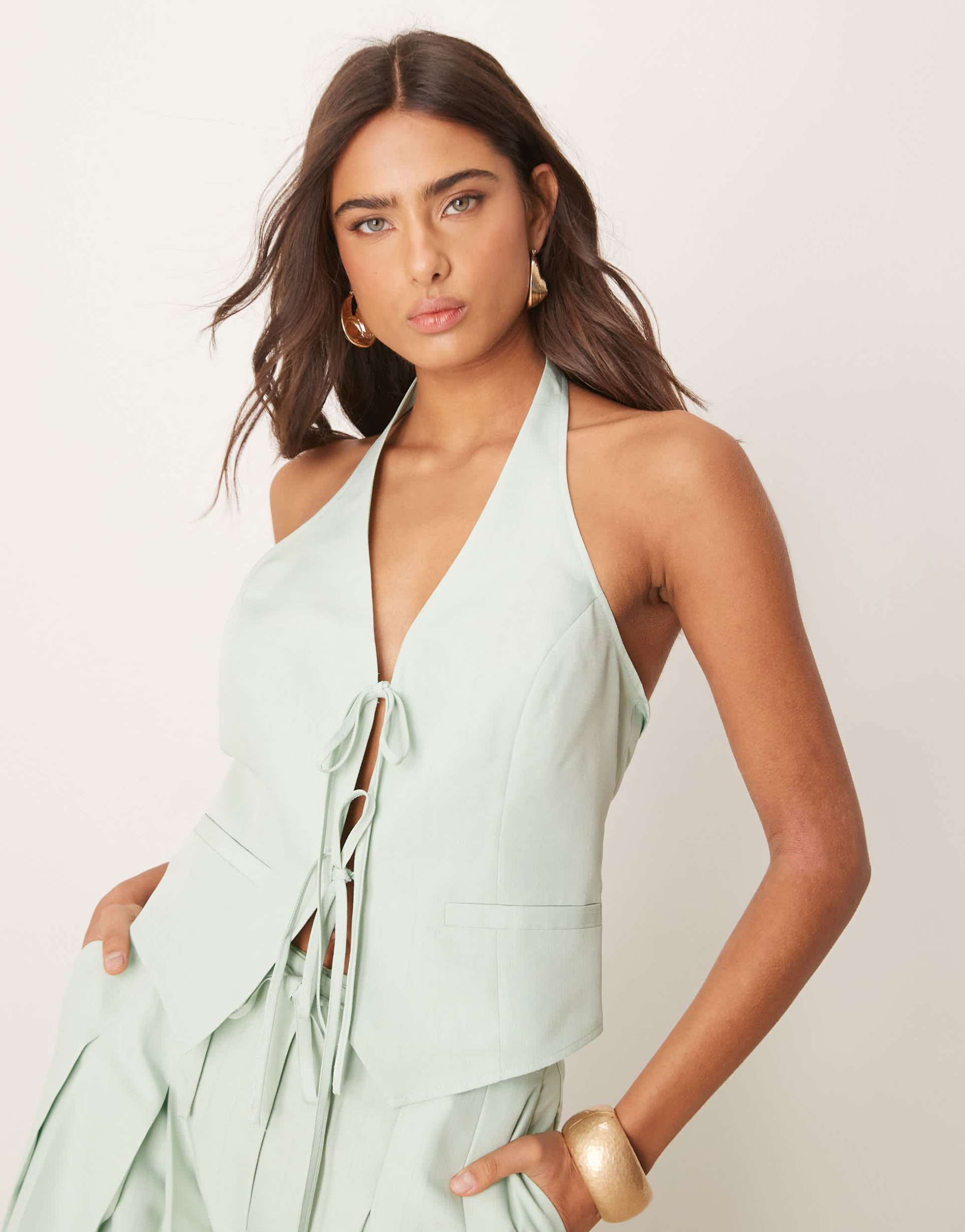 asos design tailored halter tie front top in pistachio - part of a set