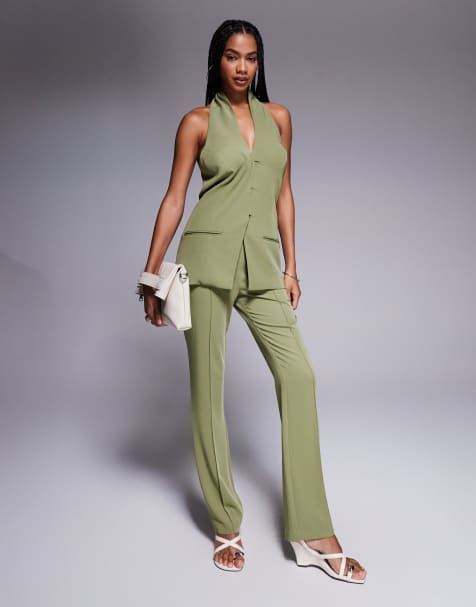 ASOS DESIGN tailored halterneck button waistcoat & tailored flare trousers co-ord in olive - view 1