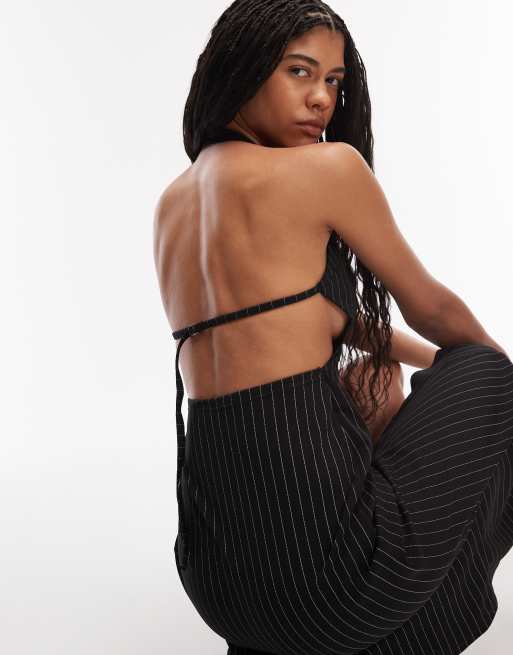 ASOS DESIGN tailored halterneck midi dress with open back in black pinstripe, 3 of 4
