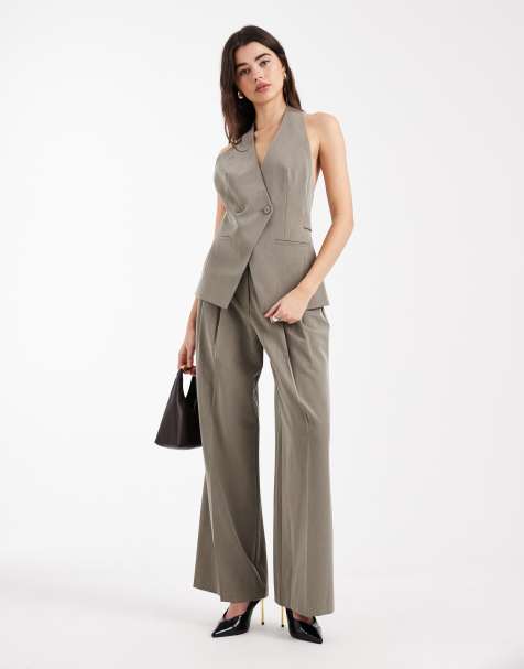 ASOS DESIGN tailored halterneck top and belted wide leg pants set in olive - view 1