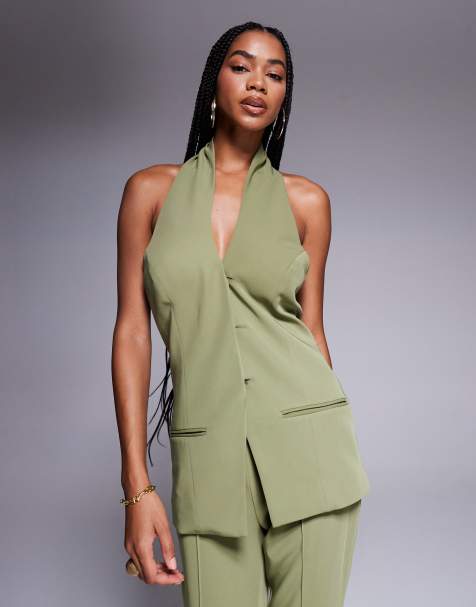 ASOS DESIGN tailored halterneck waistcoat co-ord in olive - view 1