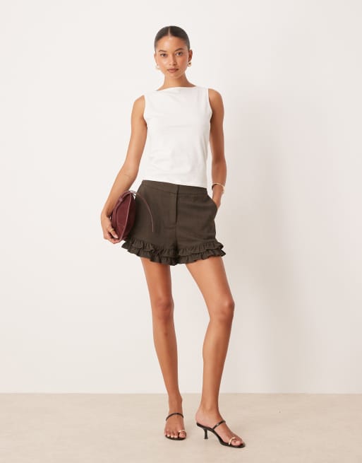 ASOS DESIGN tailored herringbone ruffle shorts in brown