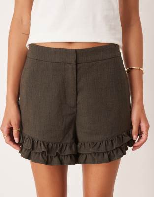 Asos Design Tailored Herringbone Ruffle Shorts In Brown