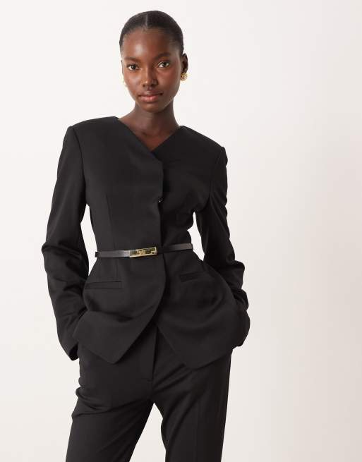 ASOS DESIGN tailored high break ponte blazer with belt in black - part of a set