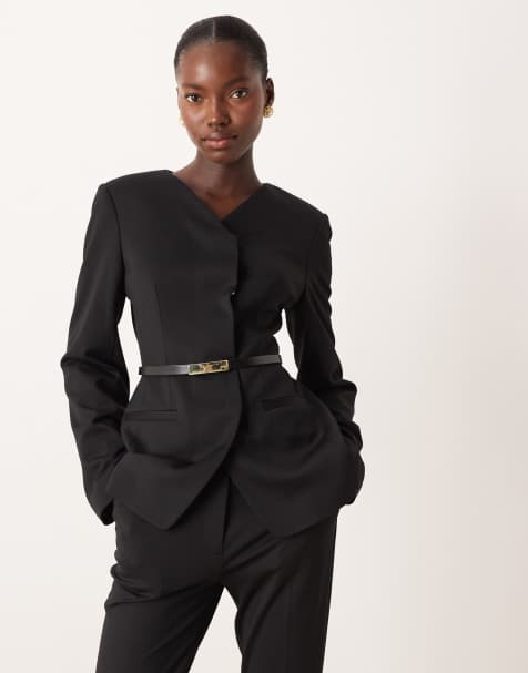 ASOS DESIGN tailored high break ponte blazer with belt suit in black