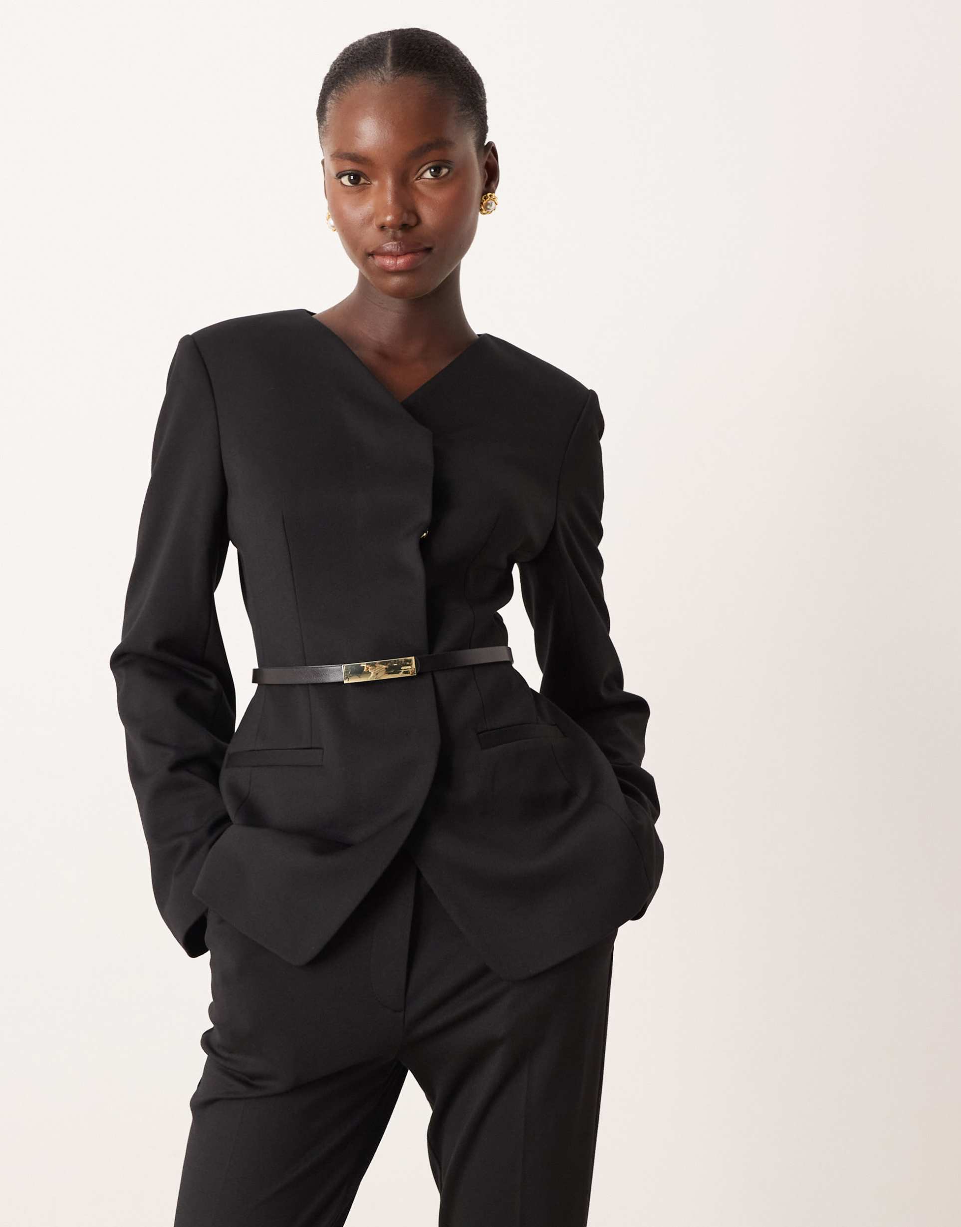 asos design tailored high break ponte suiting blazer with belt in black