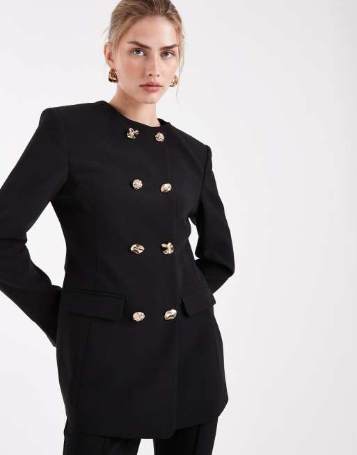ASOS DESIGN tailored high neck blazer suit with mixed buttons in black, 2 of 4