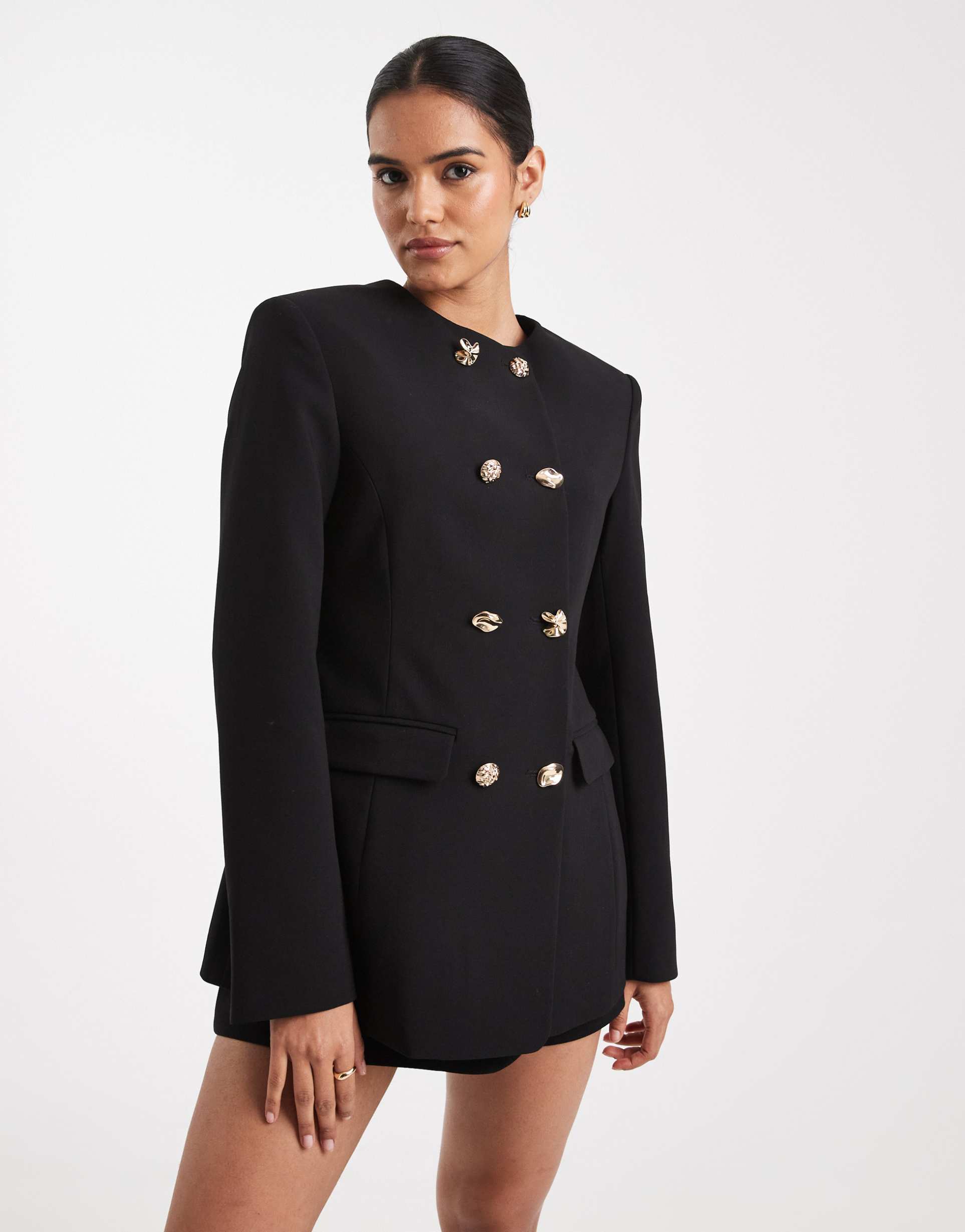 asos design tailored high neck blazer suit with mixed buttons in black