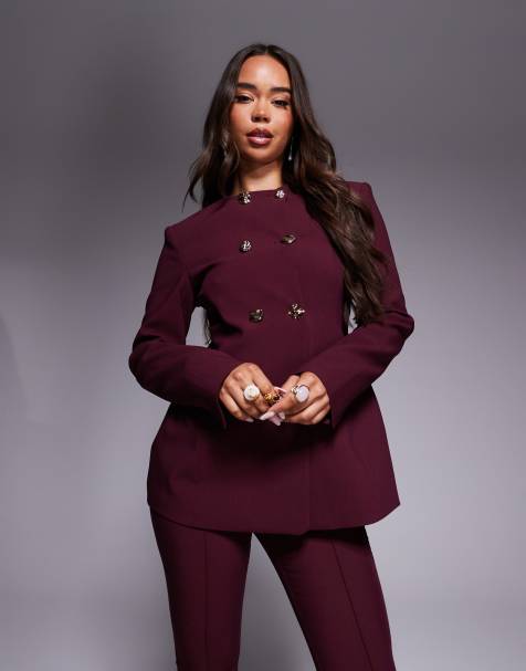 ASOS DESIGN tailored high neck blazer suit with mixed buttons in plum