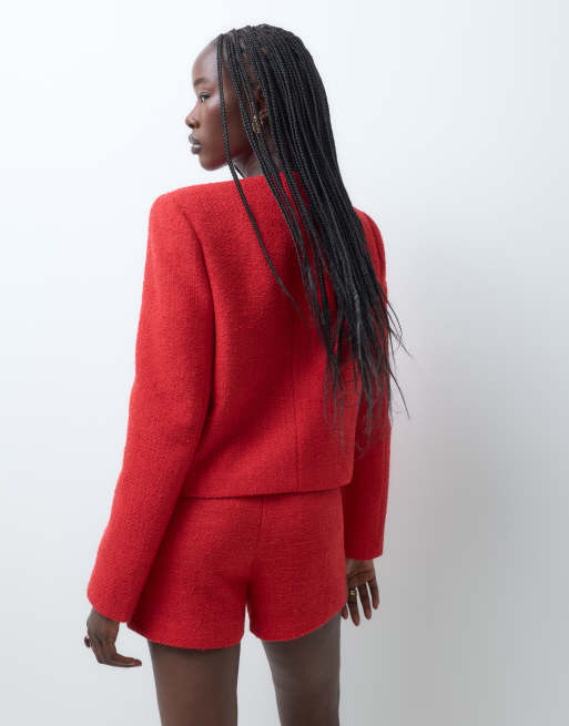 ASOS DESIGN tailored high neck blazer with gold buttons in red boucle, 2 of 5