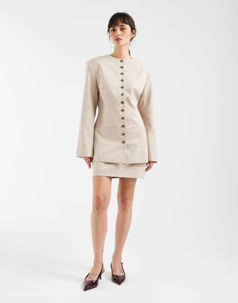 ASOS DESIGN tailored high neck blazer with mini skirt in sand marl - view 1