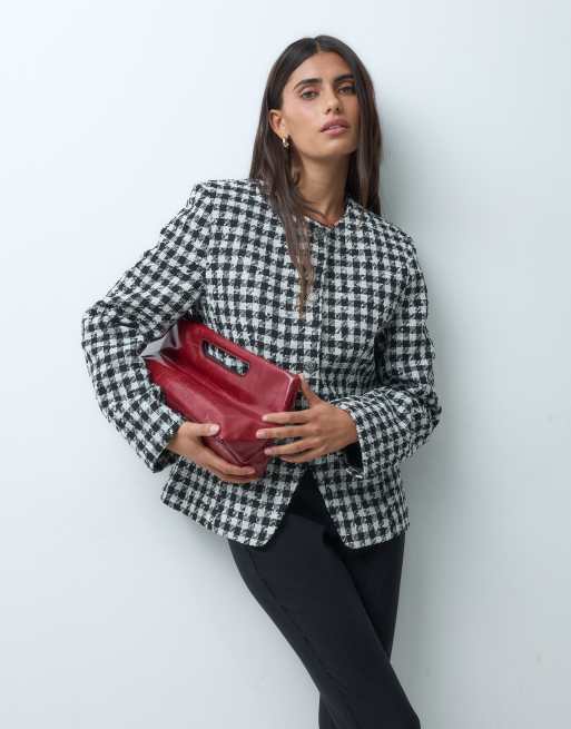 ASOS DESIGN tailored high neck blazer with silver buttons in mono check, 2 of 4