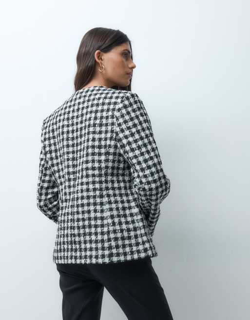 ASOS DESIGN tailored high neck blazer with silver buttons in mono check, 4 of 4