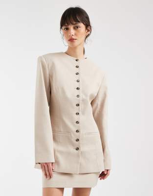Asos Design Tailored High Neck Button Blazer In Neutral