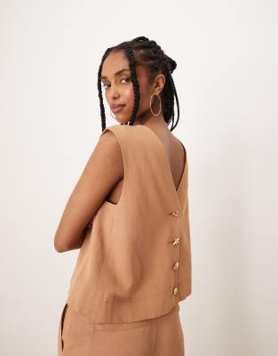 ASOS DESIGN tailored high neck button front top with mixed buttons in tan - part of a set-Black