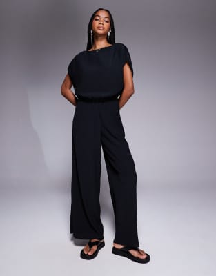 ASOS DESIGN tailored high neck crinkle textured top & wide leg crinkle textured pants set in black