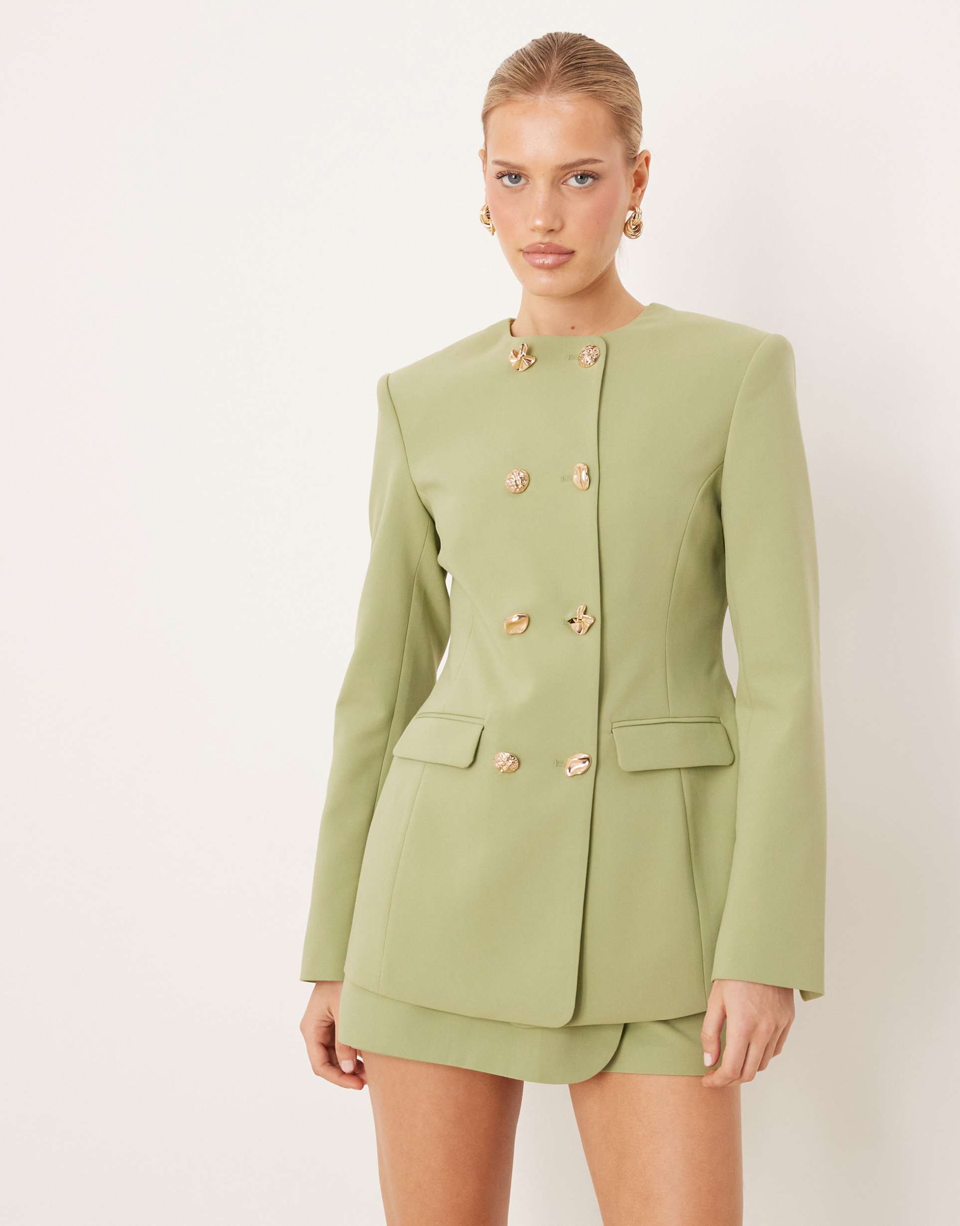 asos design tailored high neck double breasted blazer with mixed buttons in khaki