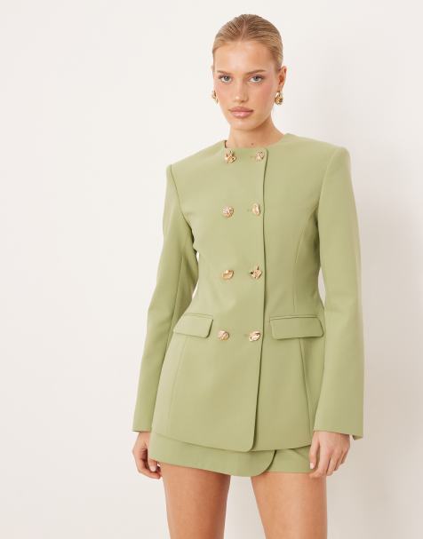 ASOS DESIGN tailored high neck double breasted blazer with mixed buttons in khaki