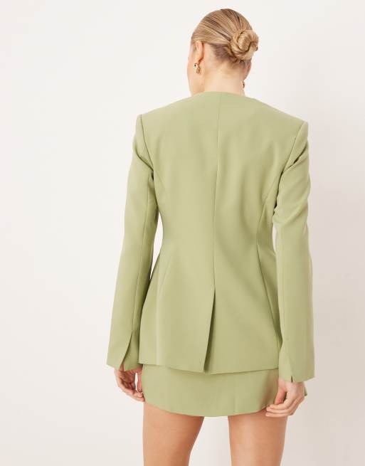 ASOS DESIGN tailored high neck double breasted blazer with mixed buttons in khaki, 3 of 4