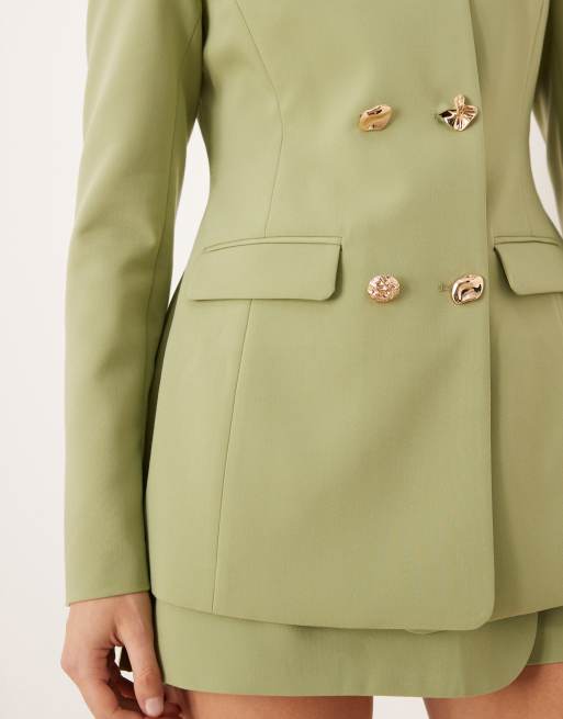 ASOS DESIGN tailored high neck double breasted blazer with mixed buttons in khaki, 4 of 4
