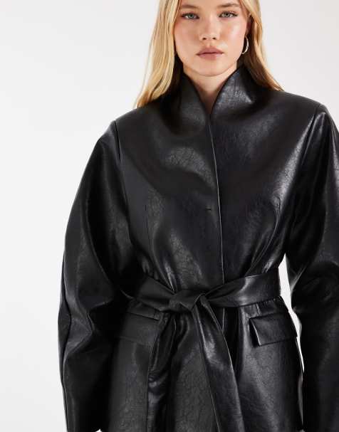 ASOS DESIGN Tailored high neck faux leather belted cocoon sleeve blazer in black crackle - view 1
