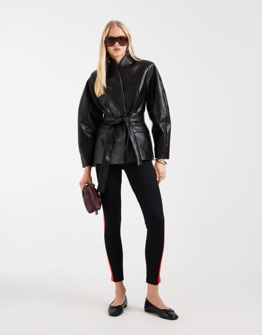 ASOS DESIGN Tailored high neck faux leather belted cocoon sleeve blazer in black crackle, 2 of 4