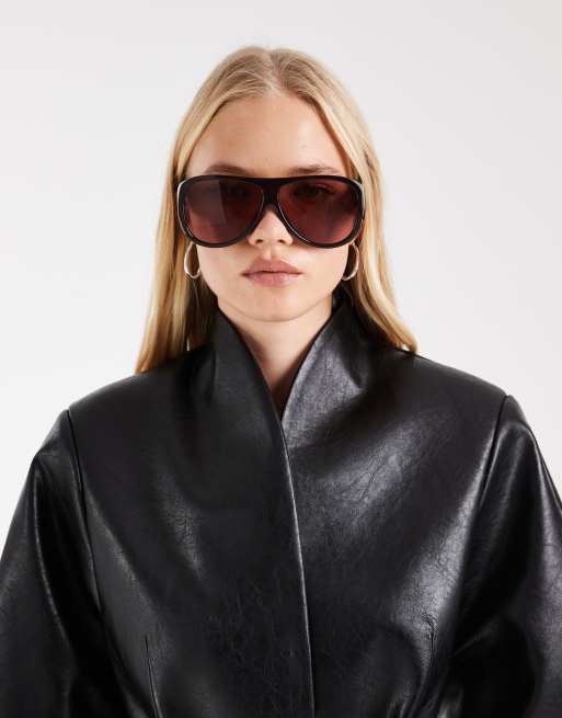 ASOS DESIGN Tailored high neck faux leather belted cocoon sleeve blazer in black crackle, 3 of 4