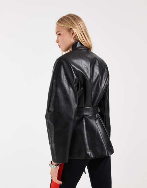 ASOS DESIGN Tailored high neck faux leather belted cocoon sleeve blazer in black crackle, 4 of 4