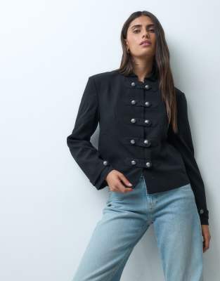 Asos Design Tailored High Neck Jacket With Drummer Boy Buttons In Black