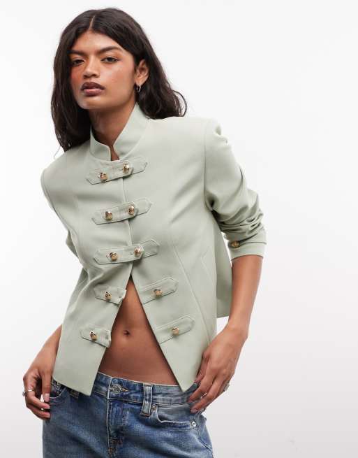 ASOS DESIGN tailored high neck jacket with drummer boy buttons in khaki, 2 of 4