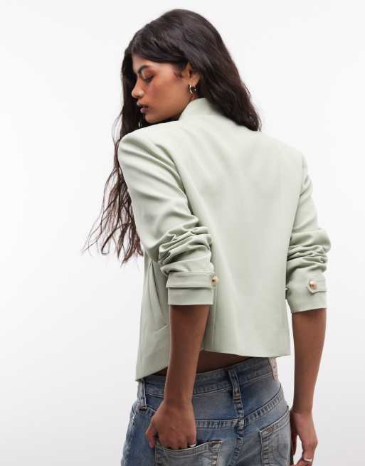 ASOS DESIGN tailored high neck jacket with drummer boy buttons in khaki, 4 of 4