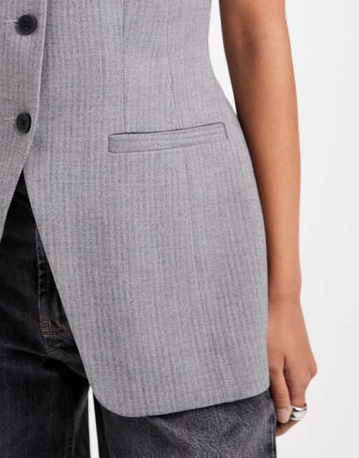 ASOS DESIGN tailored high neck moulded hip waistcoat in mono herringbone, 3 of 4